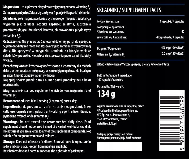 MAGNESIUM ORGANIC CAPSULES WITH VITAMIN B6 NERVOUS SYSTEM SUPPORT 160 PCS Packaging status original