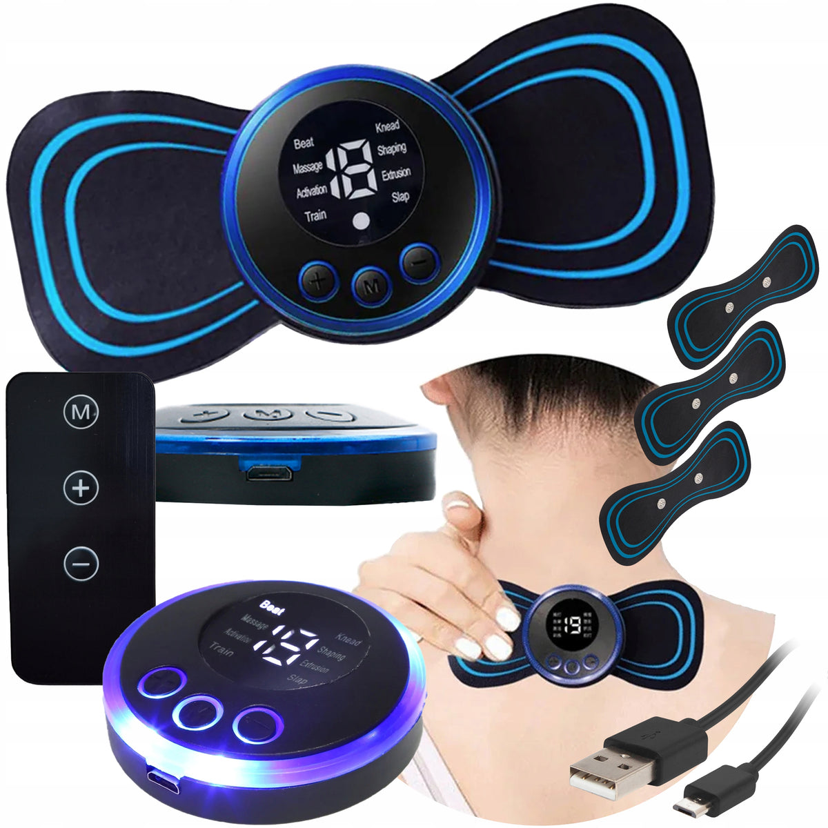 MASSAGER ABDOMINAL MUSCLE NECK ELECTROSTIMULATOR EMS 8 MODES 3 PATCHES REMOTE CONTROL