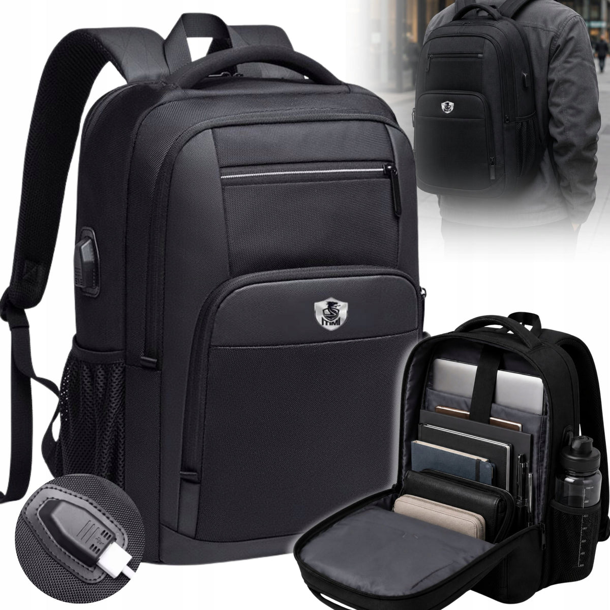 MEN'S LAPTOP BACKPACK CITY WATERPROOF ROOMY FOR WORK USB BLACK
