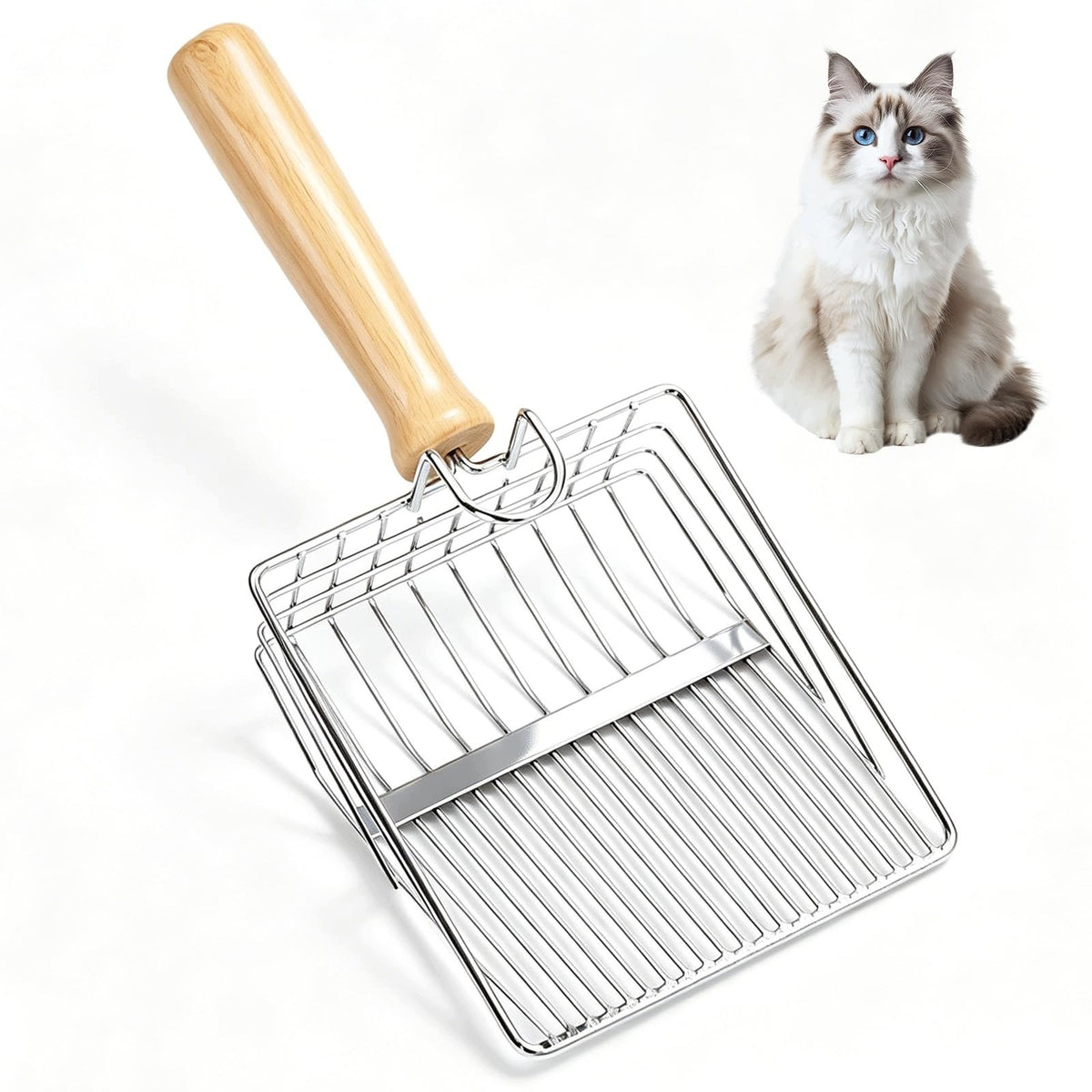 METAL CAT LITTER SPATULA WITH WOODEN HANDLE 7 MM