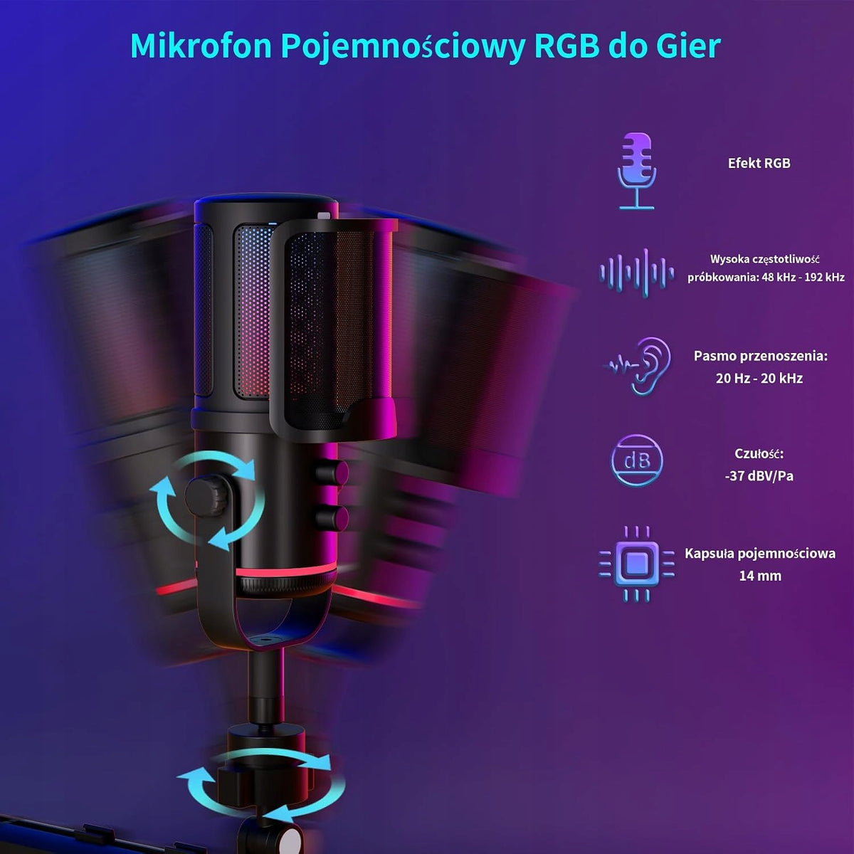 MICROPHONE GAMING USB 24BIT/192KHZ RGB CARDIOID ARM Manufacturer code MIKROFON GAMING USB RGB RAMIĘ 24BIT 192K