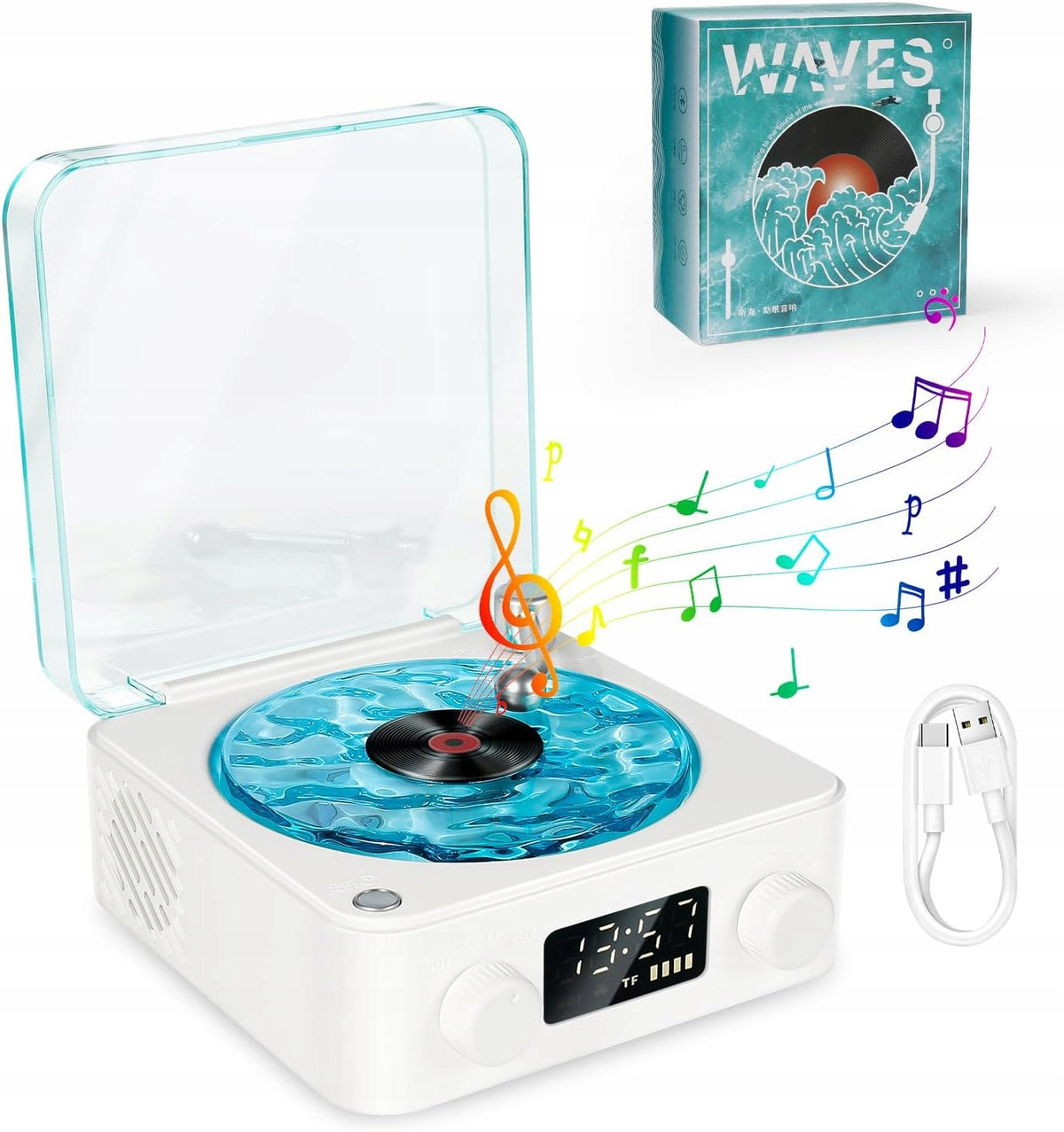 MINI RETRO SPEAKER, TURNTABLE, BLUETOOTH, WHITE NOISE, VINTAGE, LIGHT,WHITE