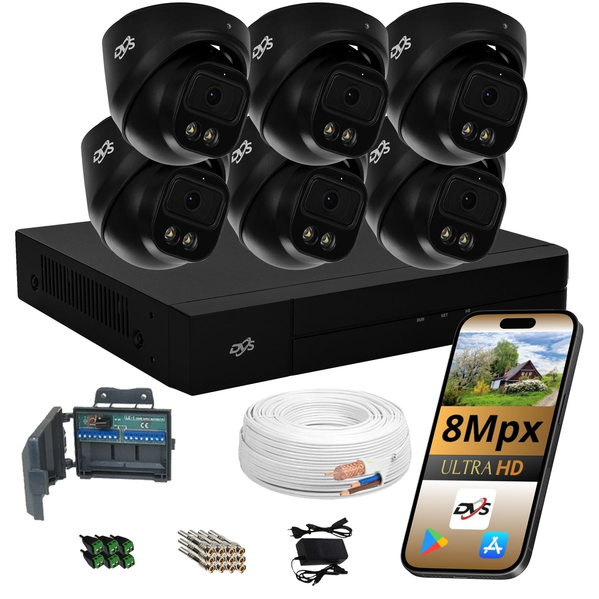 MONITORING KIT 6 BLACK CAMERAS 8Mpx DUAL LIGHT LED IR25 DVS