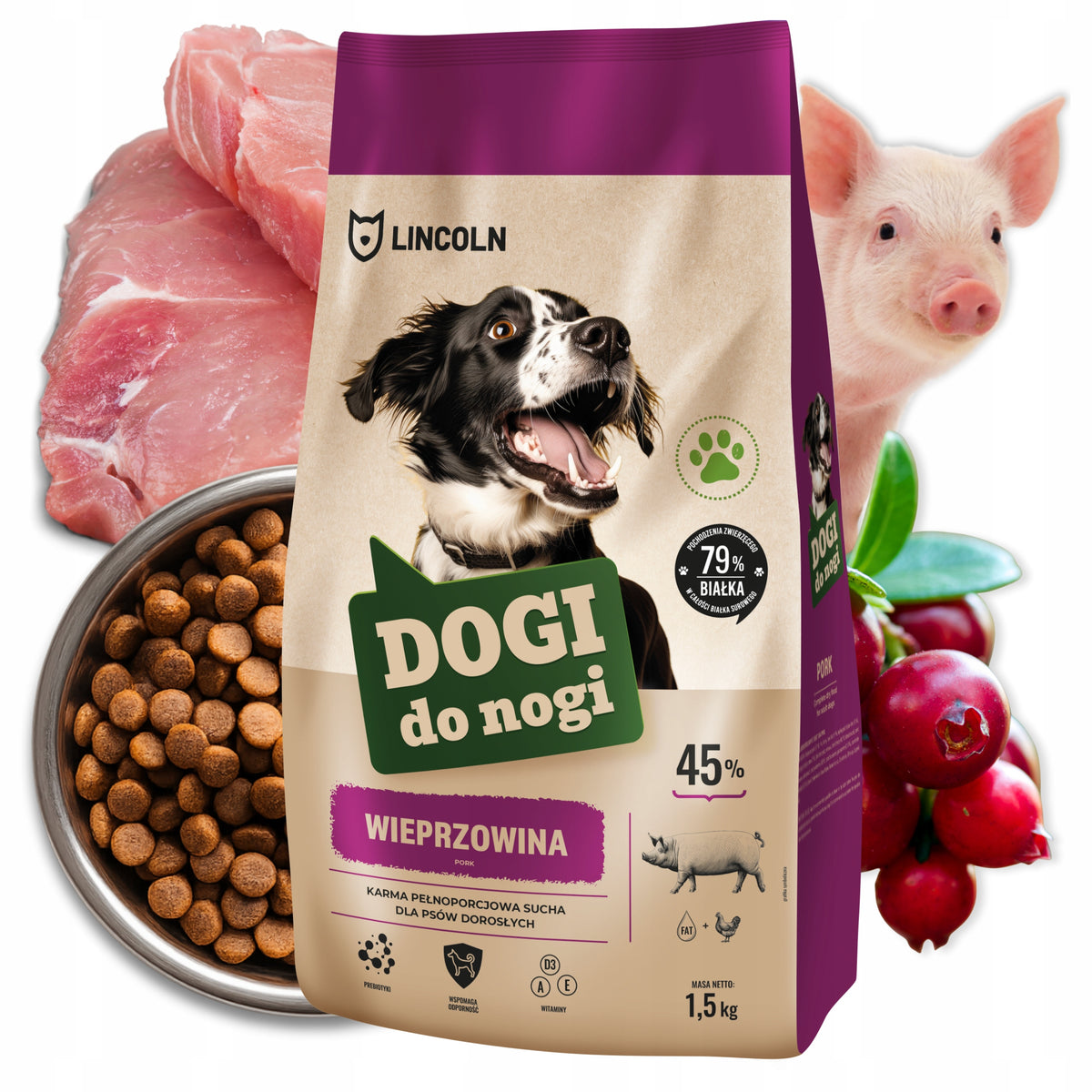 MONOPROTEIN FOOD MEAT 45% PORK 1,5KG FOR DOG LABRADOR SHEPHERD Packaging status original