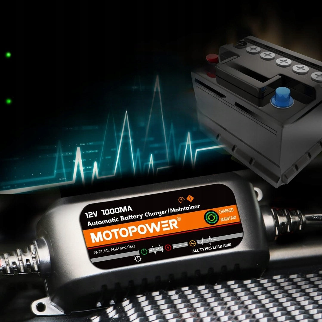 MOTOPOWER Charger 12V 1000mA Automatic Rectifier For Battery Packaging status original