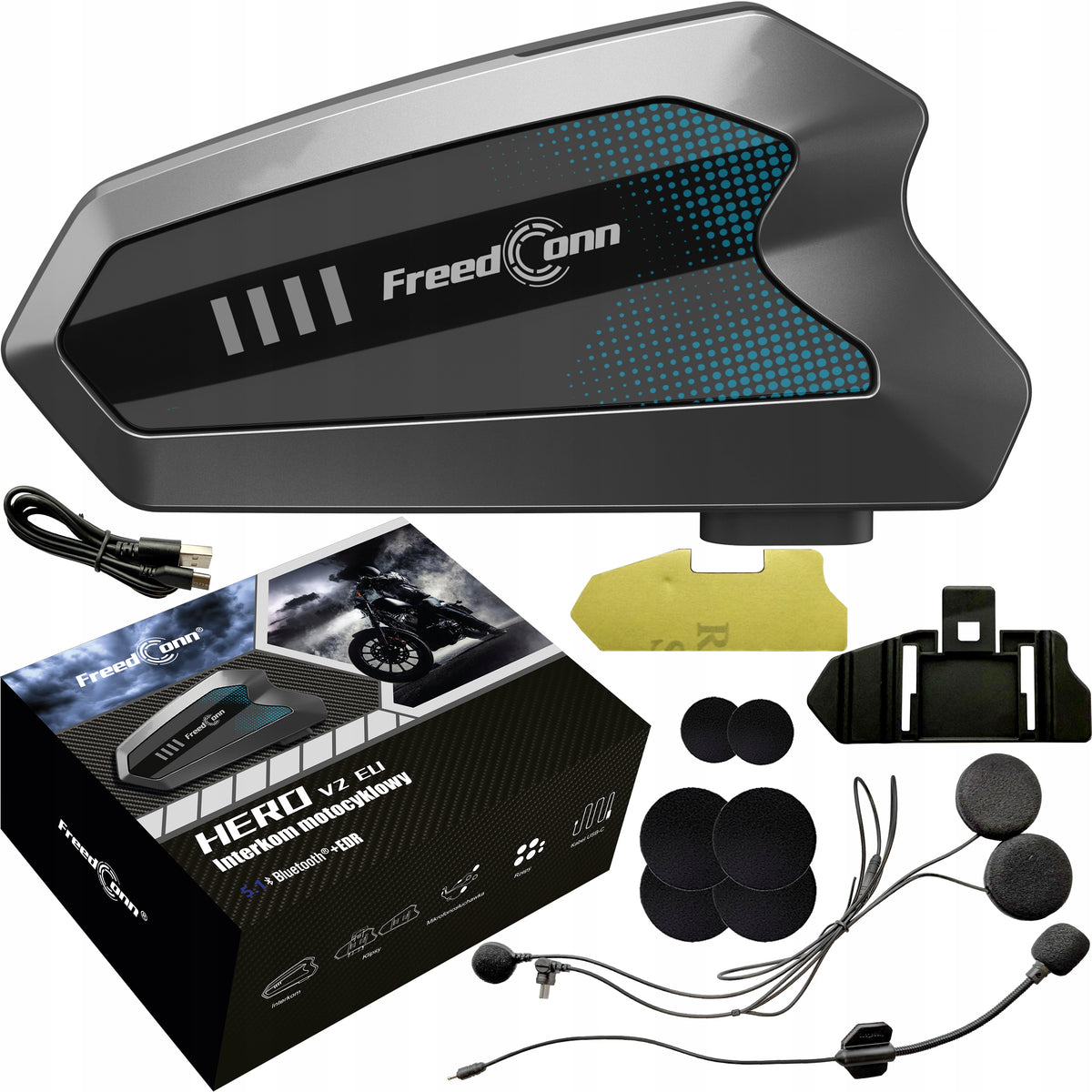 MOTORCYCLE INTERCOM FREEDCONN HERO V2 EU CONFERENCE 6 PEOPLE speak in Polish