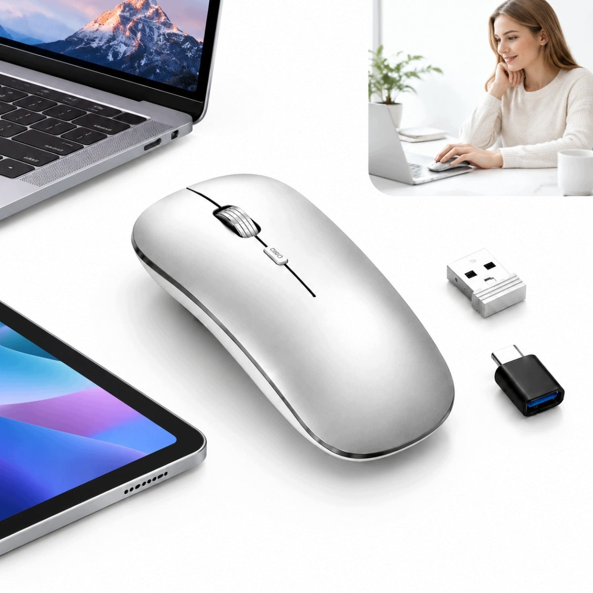 MOUSE WIRELESS BLUETOOTH MOUSE QUIET SILVER FOR TABLET