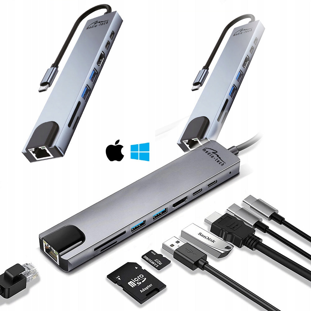 MULTIFUNCTIONAL DOCKING STATION USB 8 IN 1 GIGA LAN HUB USB-A USB-C RJ45 HDMI