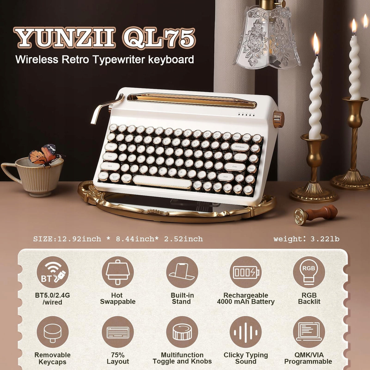 Mechanical Keyboard Typewriter Wireless Clicking Switches Manufacturer code QL75WT