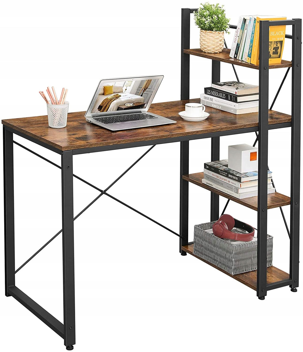 Metal Computer Desk with Bookcase Rustic Industrial For Room