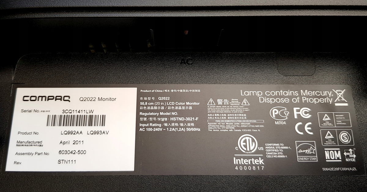 Monitor COMPAQ Q2022 20" black SCREEN for LCD intertek computer Brand Compaq