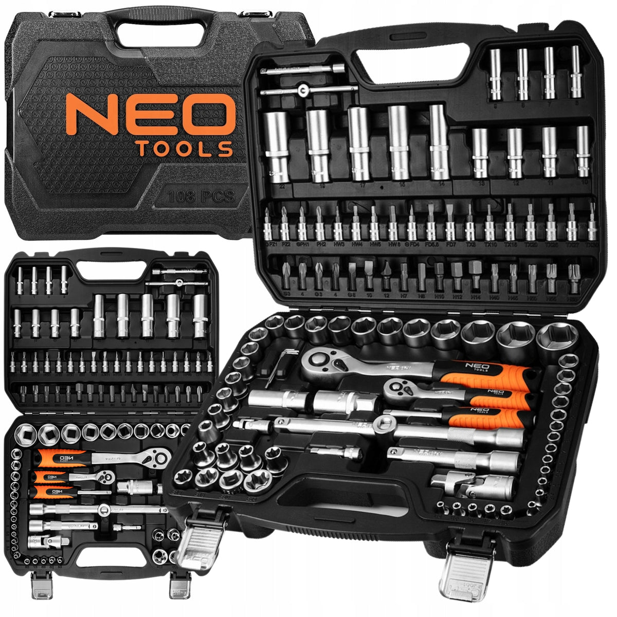 NEO TOOLS Socket Wrench Set 108 el. 1/2" 1/4" Suitcase Stainless Steel