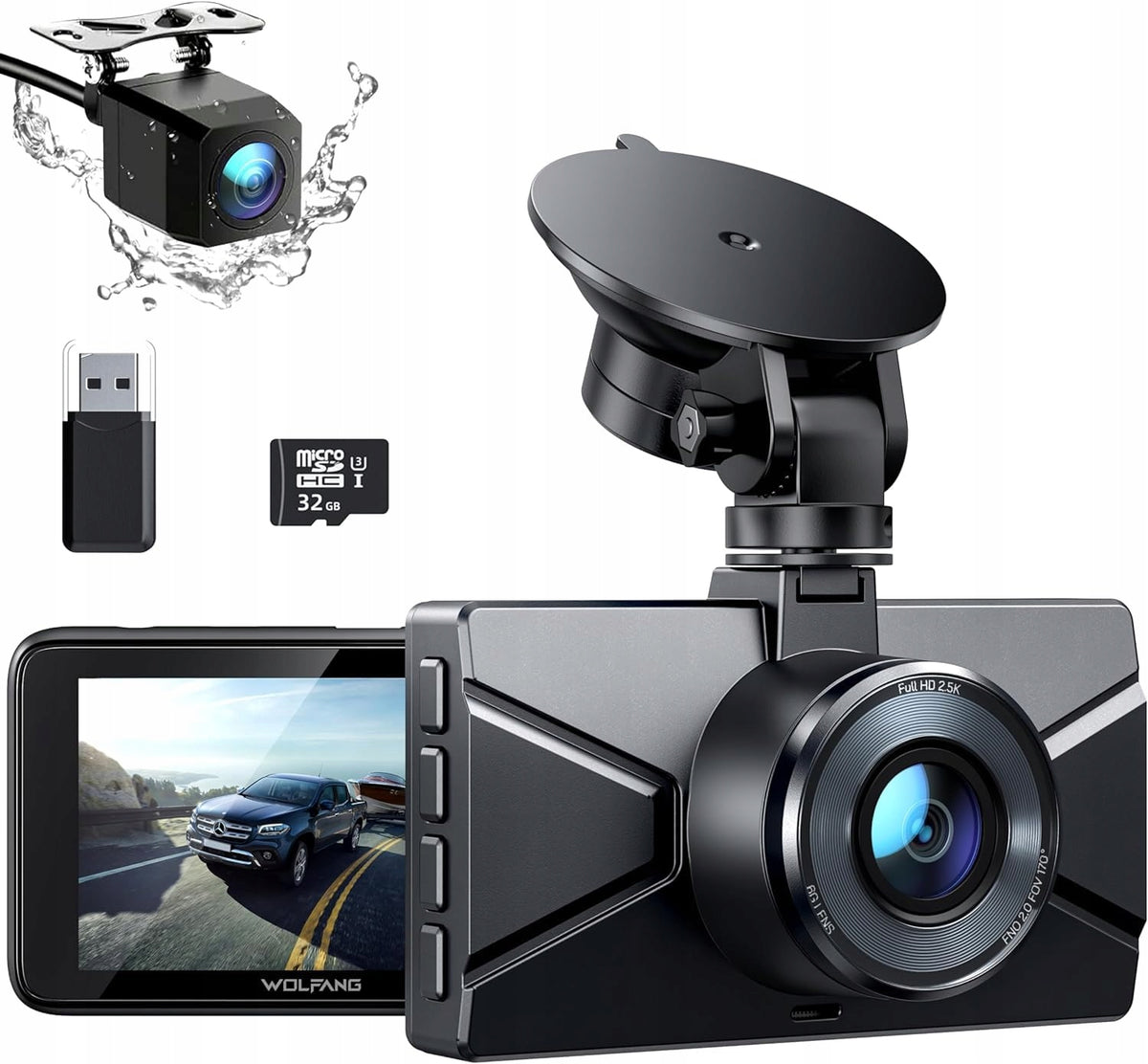 NEW WOLFANG Car Camera 2,5K+1080P Front Rear Ultra Night View 170°