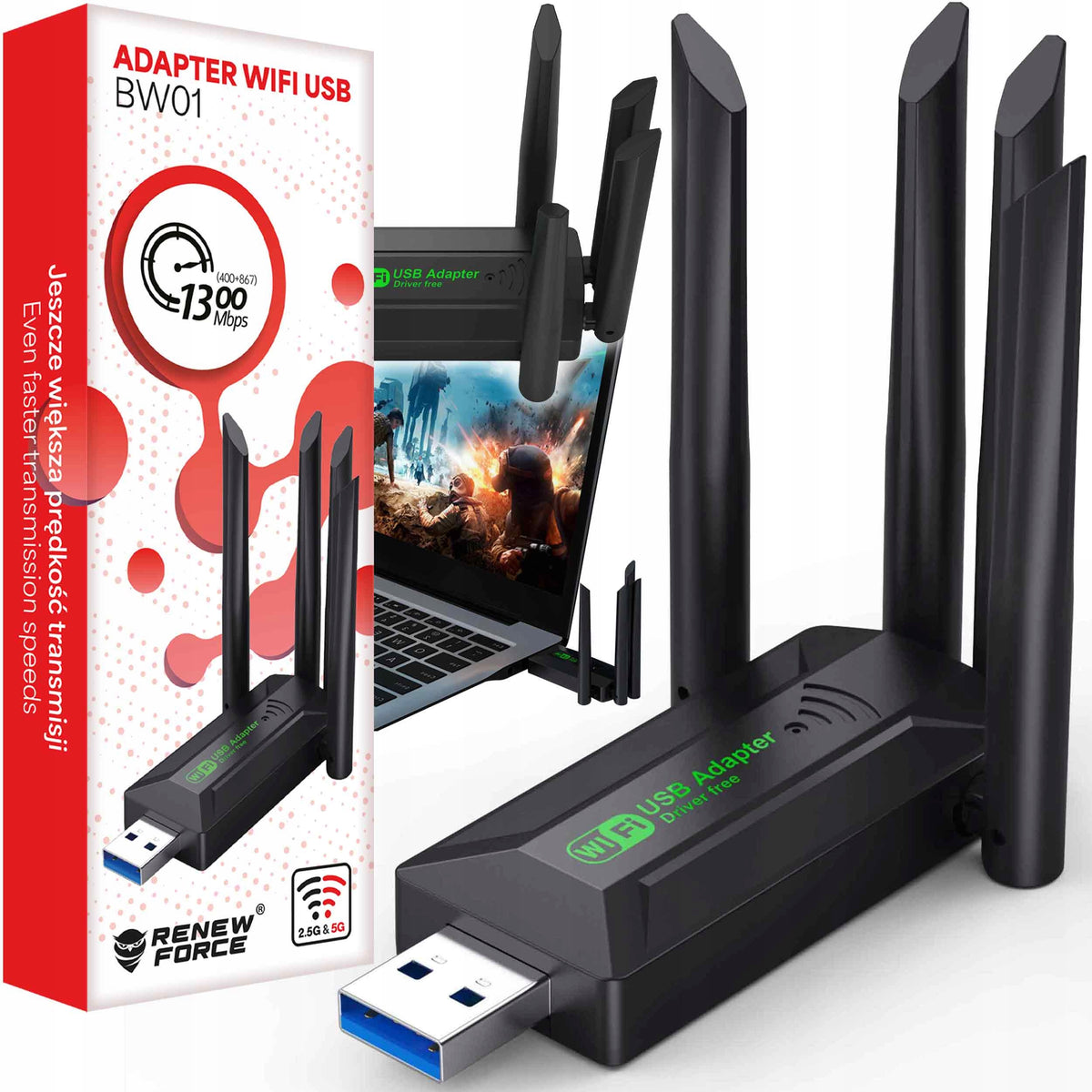 Network Card WI-FI Adapter USB 3.0 DUAL 2 Antennas 5GHz EXTERNAL 1300Mbps