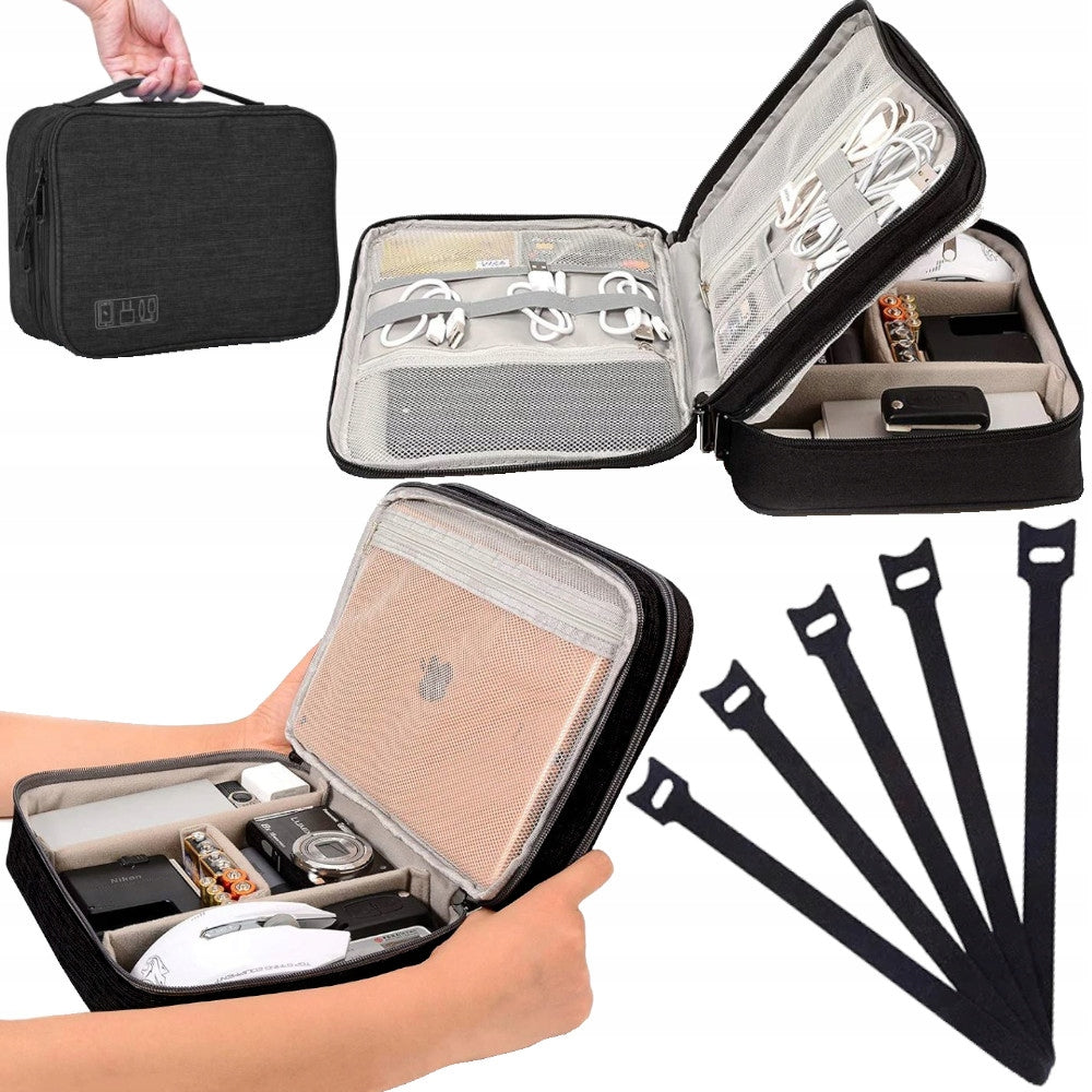 ORGANIZER TRAVEL BAG FOR CHARGER CABLES 5 VELCRO FOR FASTENING ROOMY XL Color gray