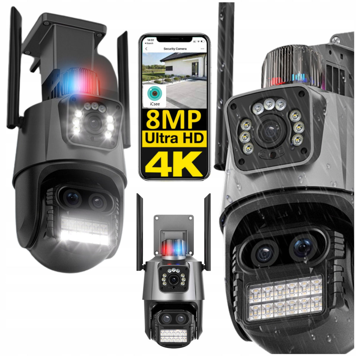 OUTDOOR IP CAMERA ROTATING 3 TRIPLE LENSES 270 DEGREE 8Mpx 8x ZOOM