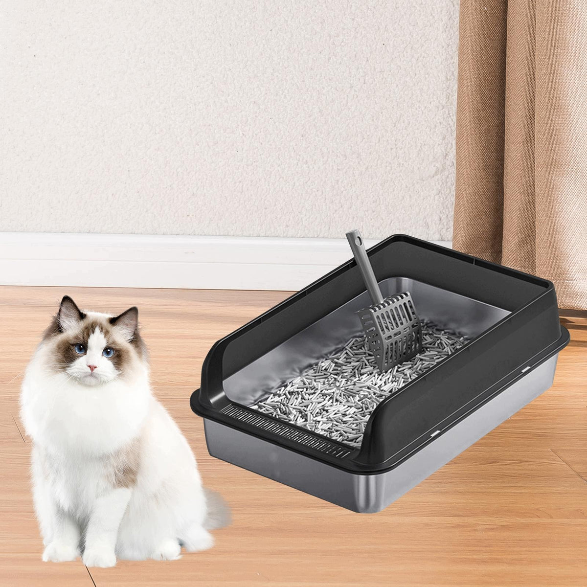 Open Litter Box Cat Litter Basin Open Top Cat Sand Box Large Black and M
