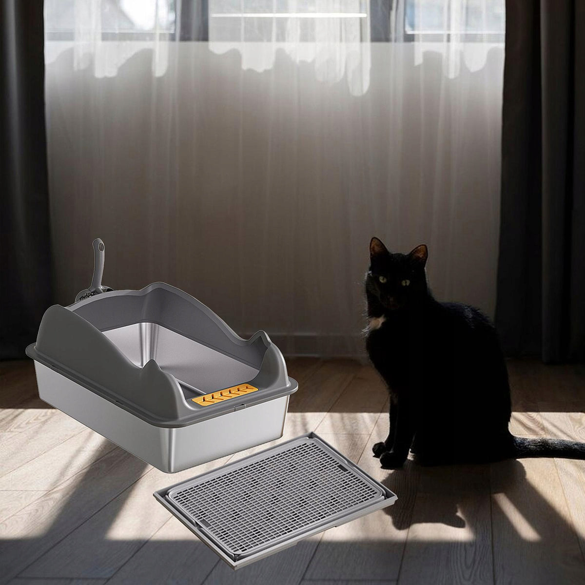 Open Top Pet Litter Box Kitty Litter Box Pet Litter Deep grey with mat