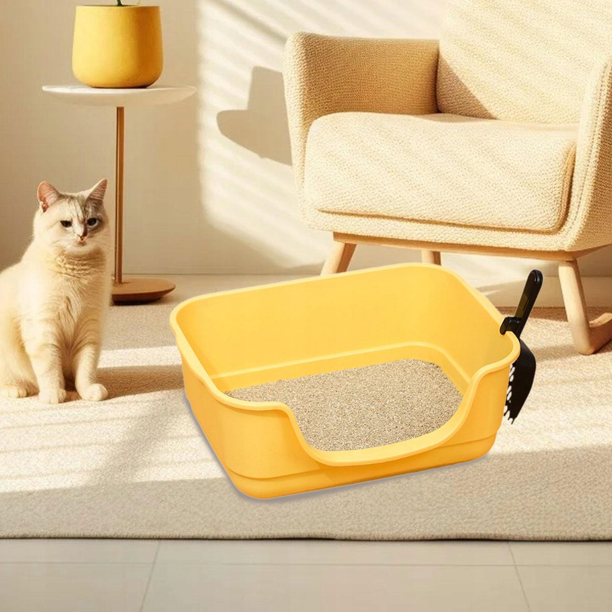 Open Top Pet Litter Box Large Space Easy Carry with Scoop U Shape Yellow