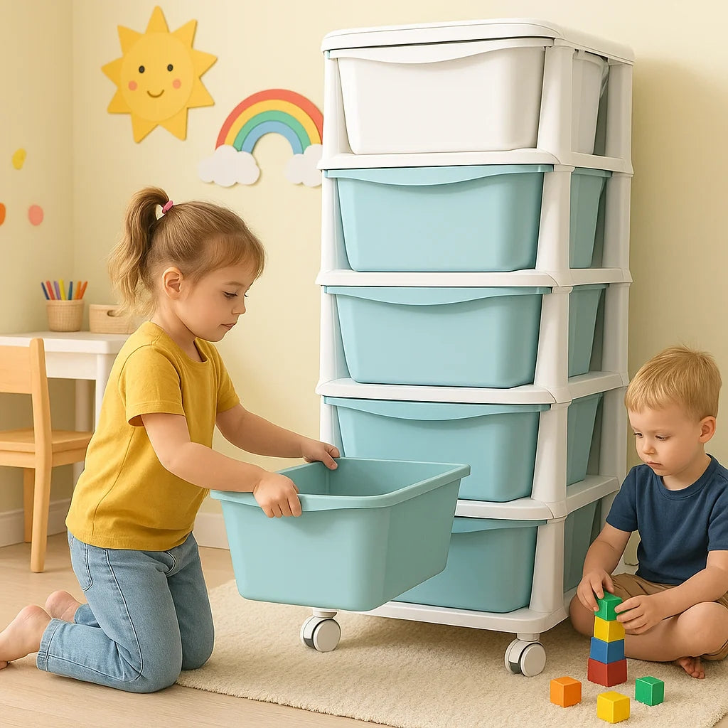 PLASTIC CONTAINER RACK TOY BASKET DRAWERS 5 SHELVES ON WHEELS Packaging status original