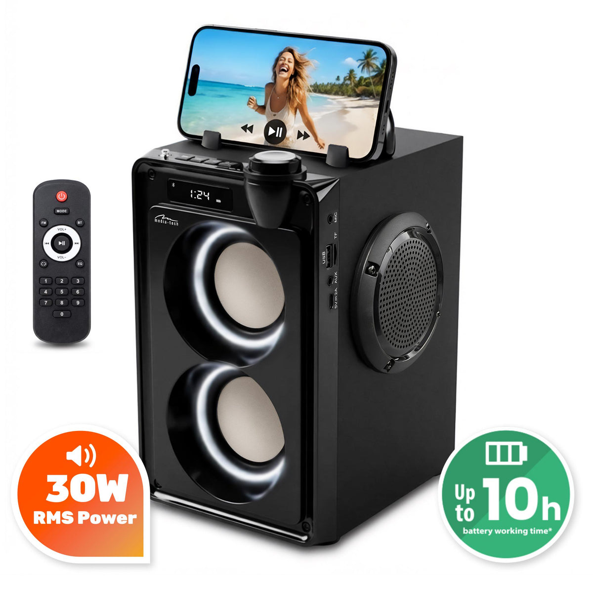 PORTABLE BLUETOOTH OVERBOX SPEAKER WITH RADIO FM BOOMBOX BLACK 900W PMPO Packaging status original