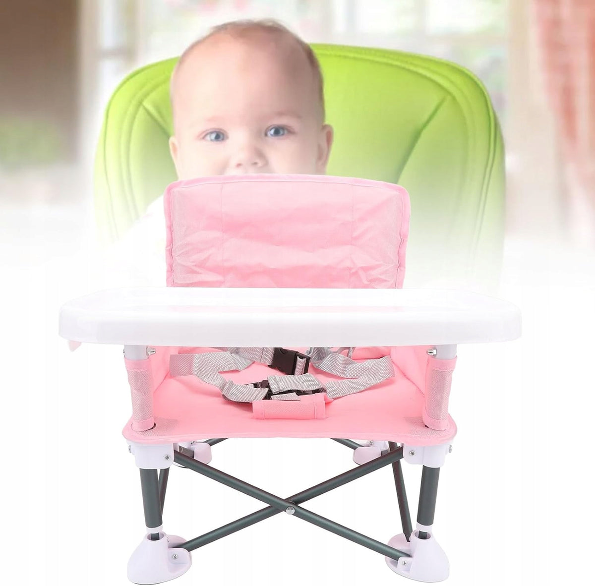 PORTABLE FOLDING HIGH CHAIR FOR BABY TO WEAR SEAT BELT Color pink