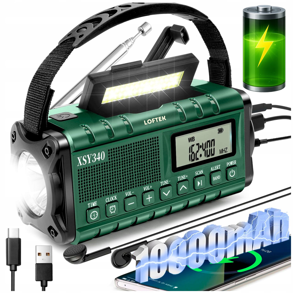 PORTABLE KITCHEN RADIO SOLAR DYNAMO CONSTRUCTION FLASHLIGHT POWERBANK 10000mh