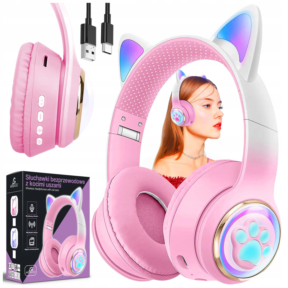 PREMIUM WIRELESS ON-EAR HEADPHONES FOR KIDS RGB CAT EARS BT LED
