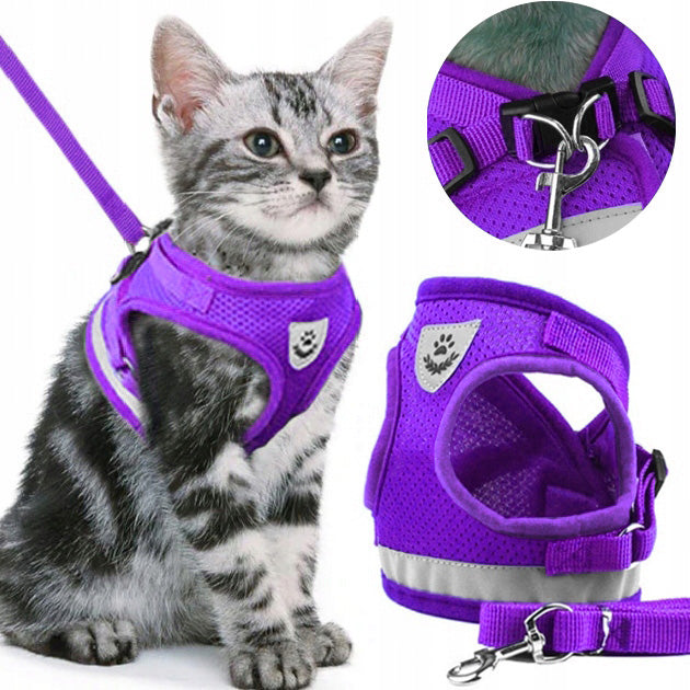 PRESSURE-FREE WALKING HARNESS ADJUSTABLE REFLECTIVE FOR CAT + LEASH SIZE XS