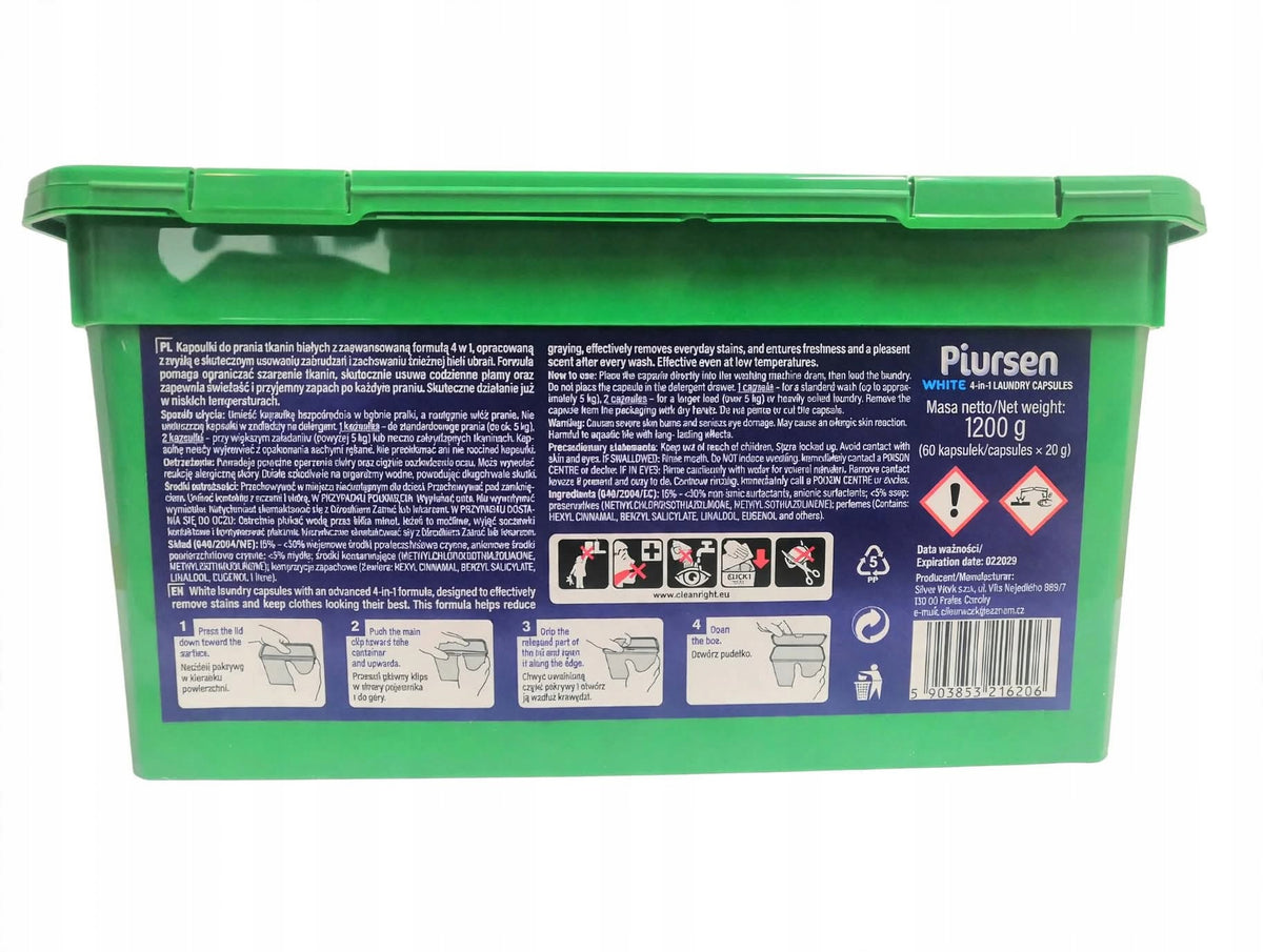 Piursen Color Washing Tablet Capsules 4 in 1 Box XXL 60 Pack Packaging status original