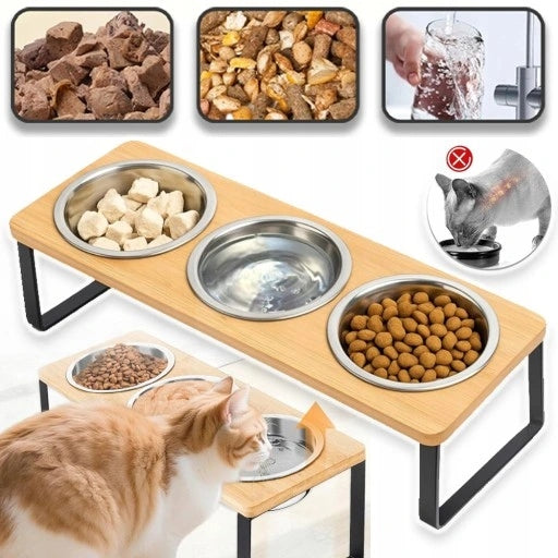 RAISED CAT BOWL + 3 STAINLESS STEEL BOWLS WOODEN STAND