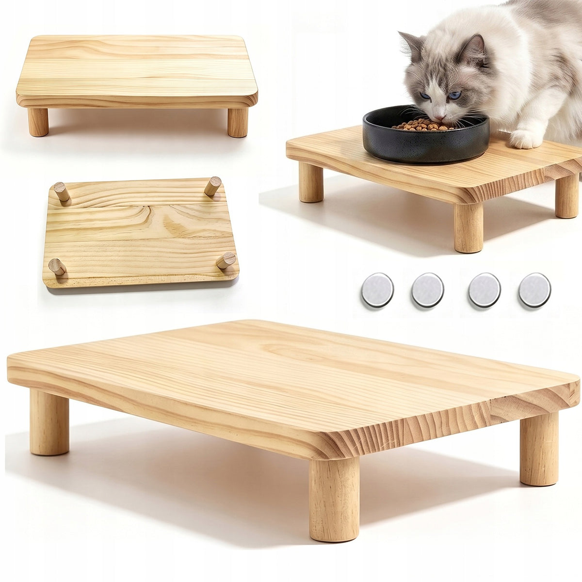 RAISED WOODEN BOWL STAND SOLID FOR CATS DOGS 34,3X20X6,1CM