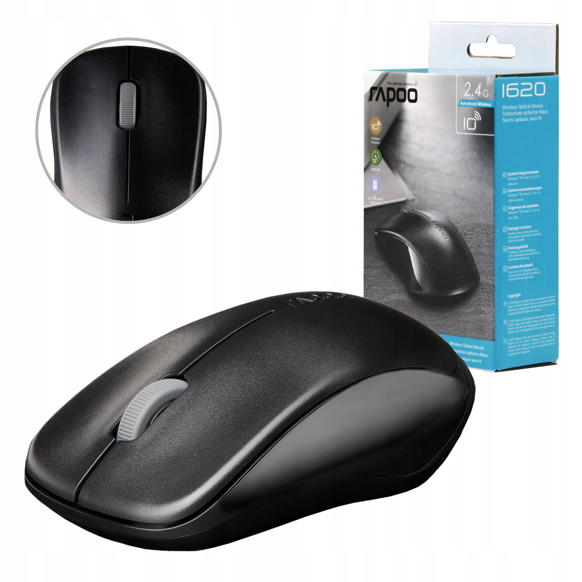RAPOO WIRELESS OFFICE OPTICAL MOUSE 1620 2.4GHz 1000DPI BLACK
