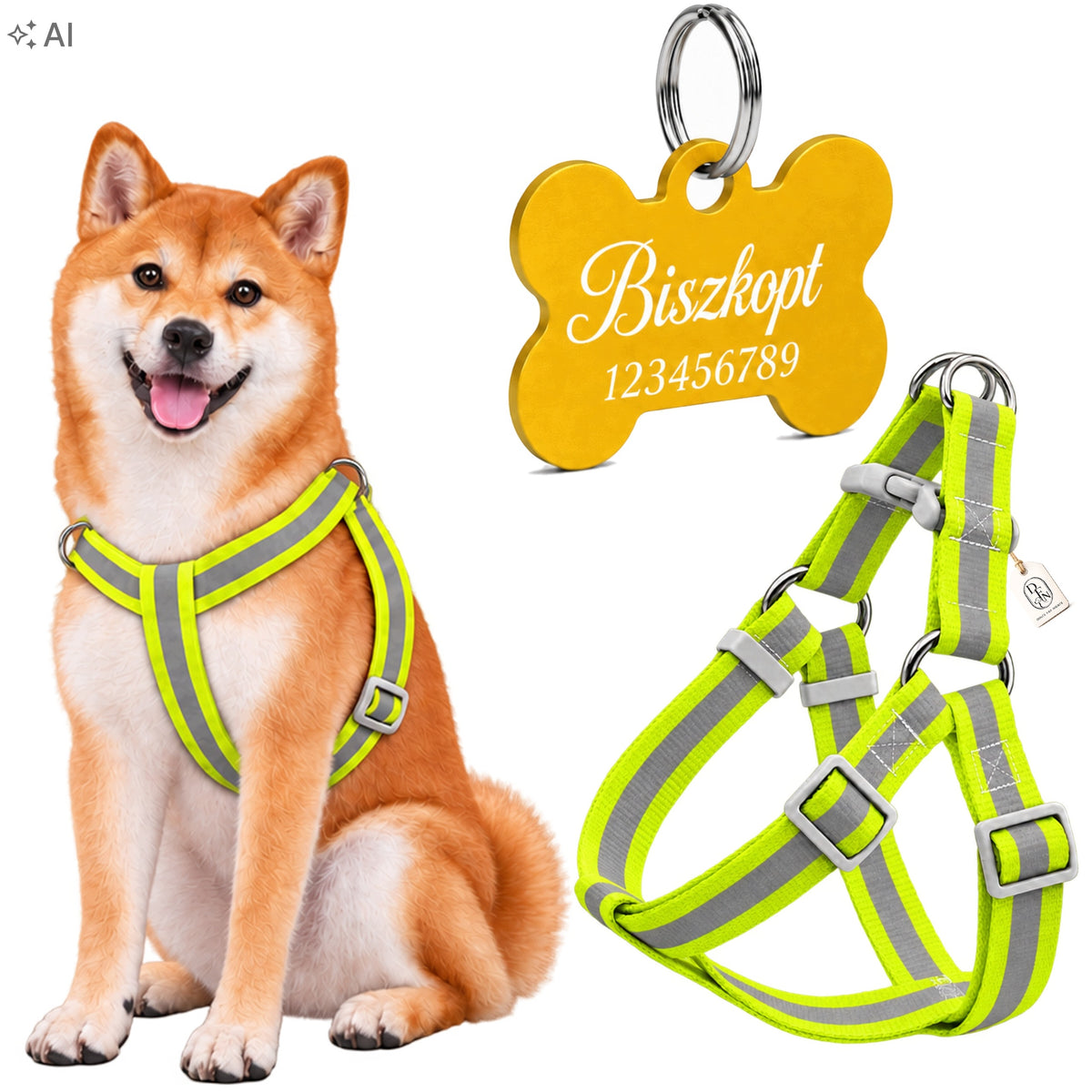 REFLECTIVE HARNESS FOR BIG DOG PERSONALIZATION ADDRESS CARD ENGRAVING YELLOW