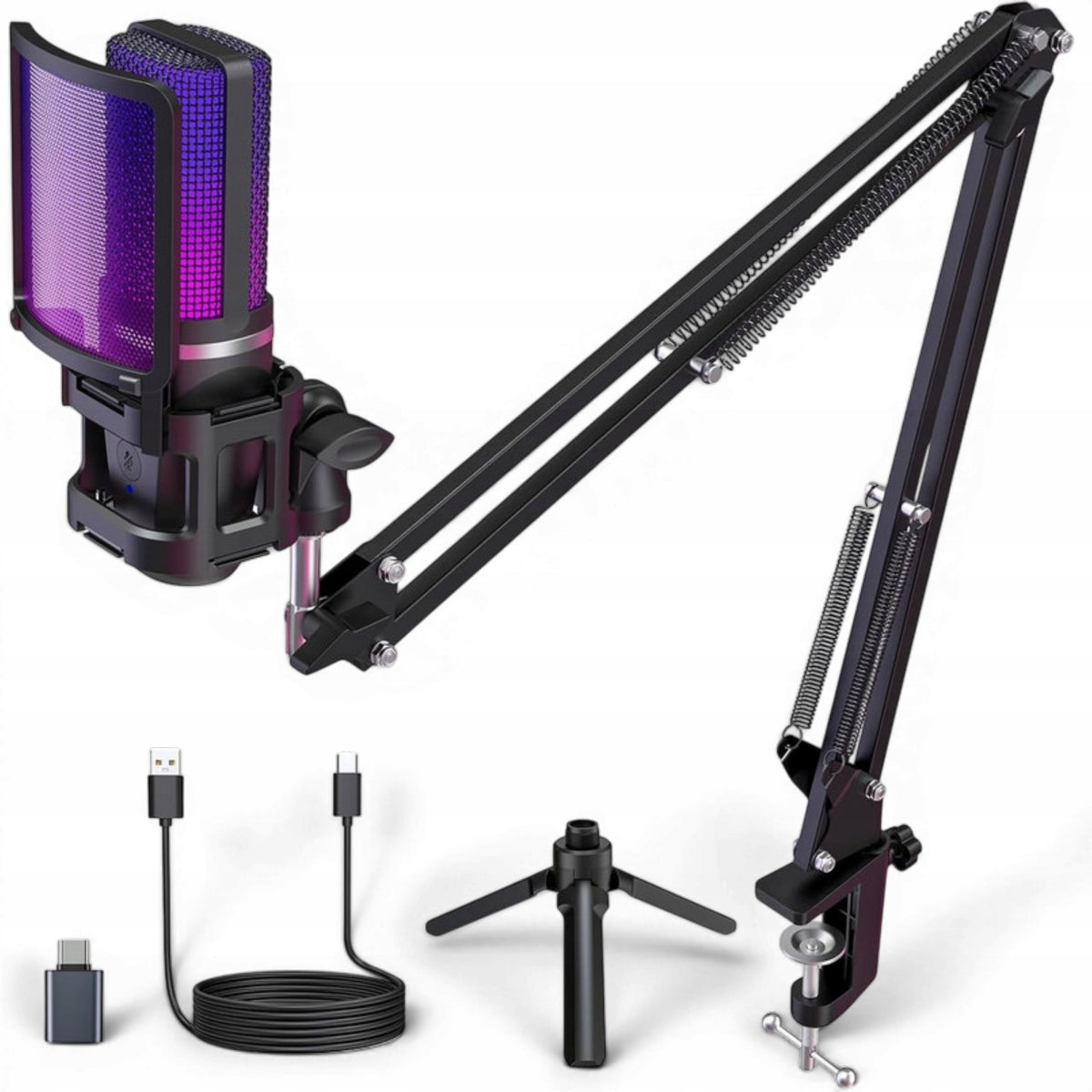 RGB USB gaming microphone – cardioid, stand, tripod, streaming