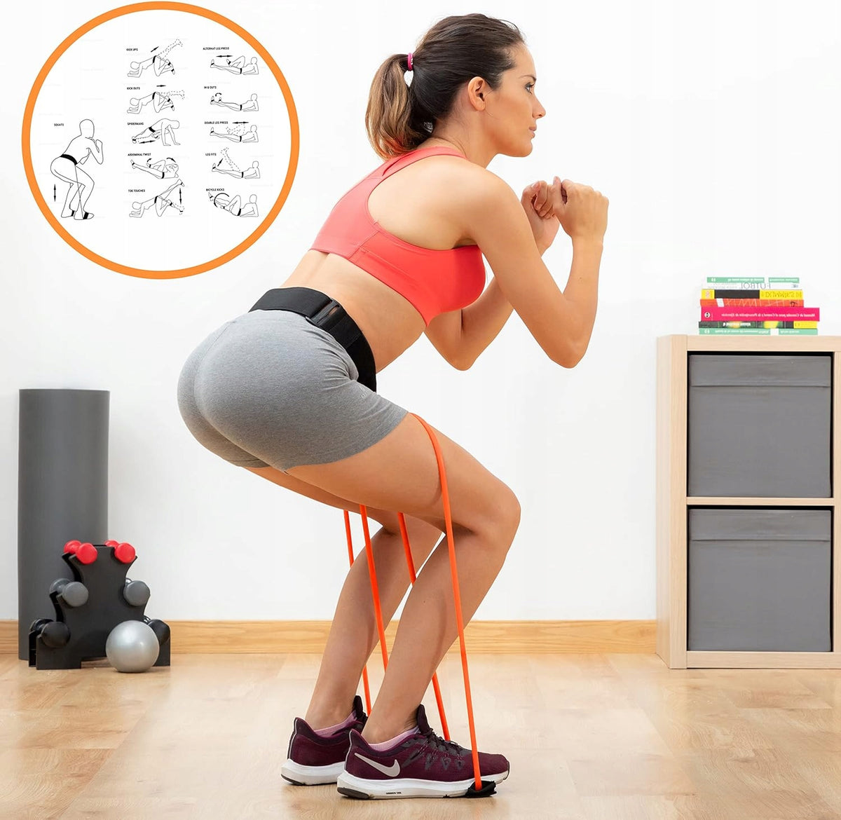 RUBBER BELT WITH ELASTIC RESISTANCE BANDS FOR GLUTEAL EXERCISES Color red