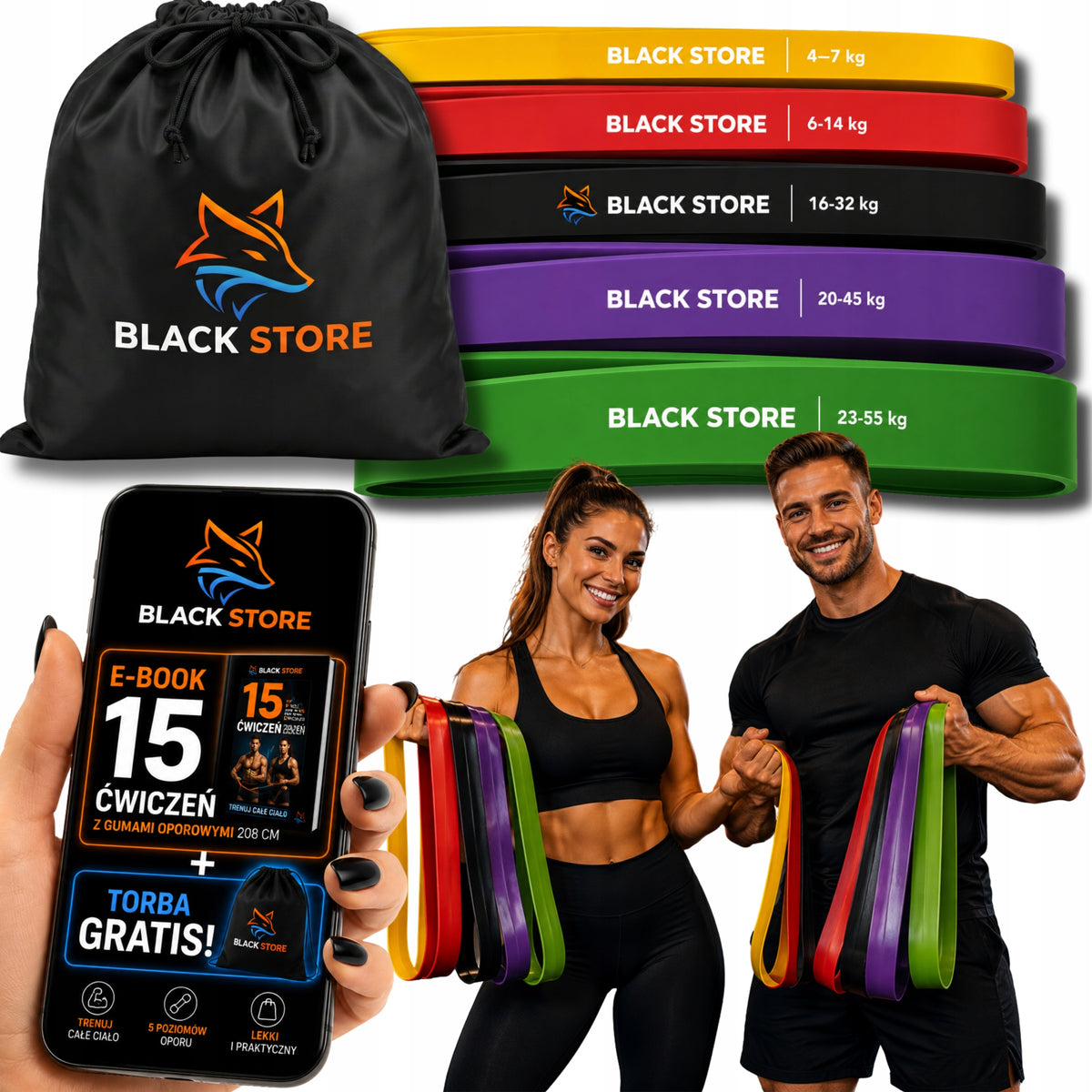 RUBBER RESISTANCE EXERCISE BANDS SET OF 5 PIECES + BAG + EBOOK WITH EXERCISES