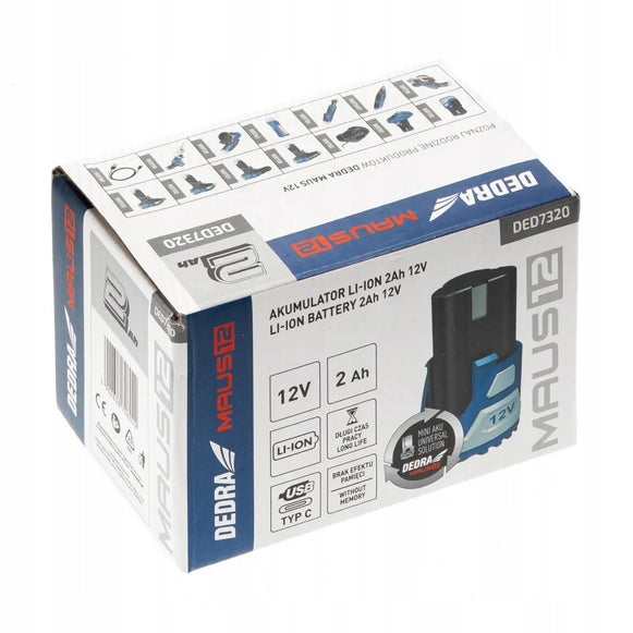 Rechargeable battery, 2.0Ah 12V Li-Ion battery, DEDRA MAUS DED7320 Manufacturer code DED7320