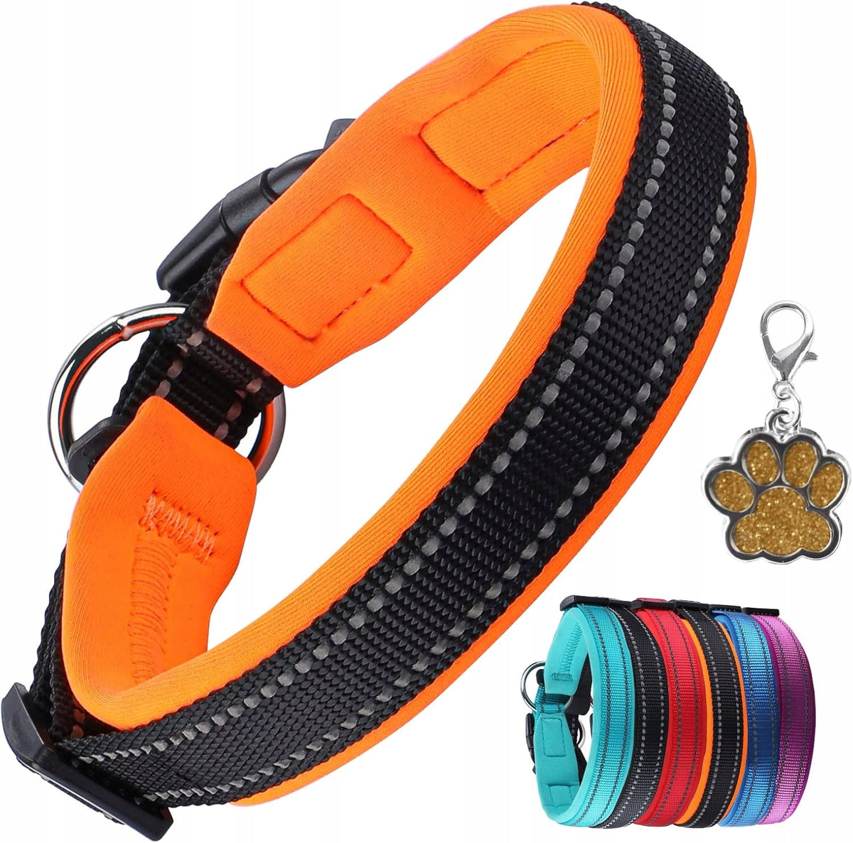 Reflective dog collar, adjustable, soft with pendant size M.