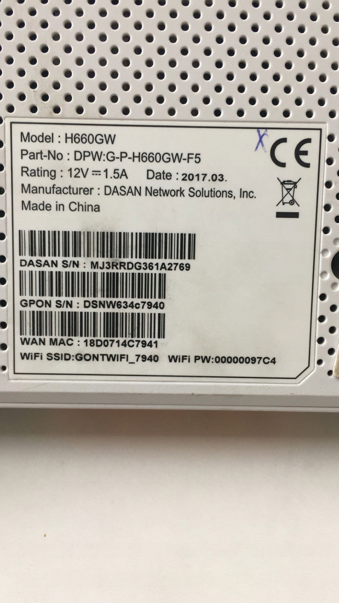 Router H660GW Dasan white10 Manufacturer code DPW:G-P-H660GW-F5