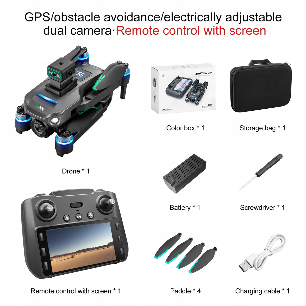 S159 Drone with 5G Screen Remote, GPS, Obstacle Avoidance, Dual Camera