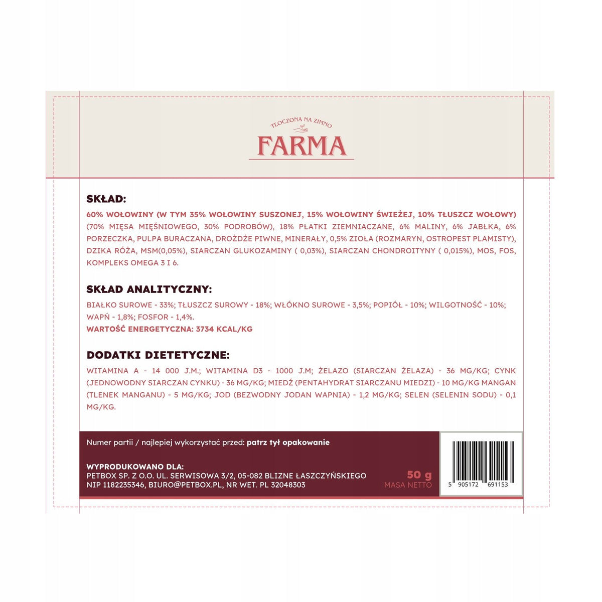 SAMPLE Farma – Cold Pressed Beef 50g Packaging status original