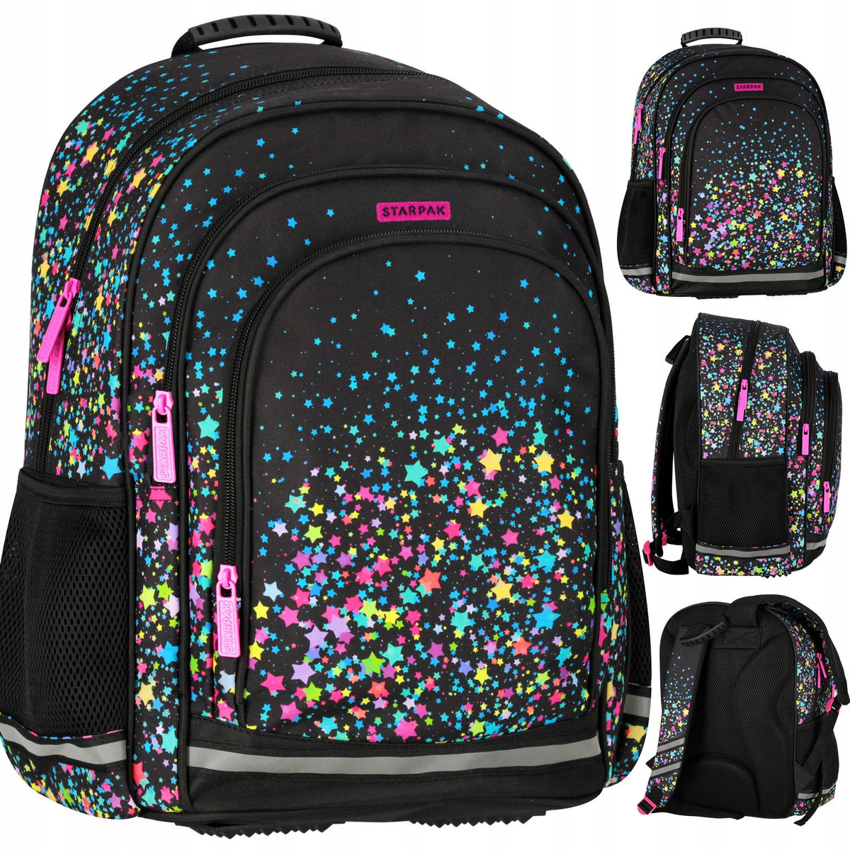 SCHOOL BACKPACK SATCHEL FOR GIRLS BLACK WITH STARS GALAXY