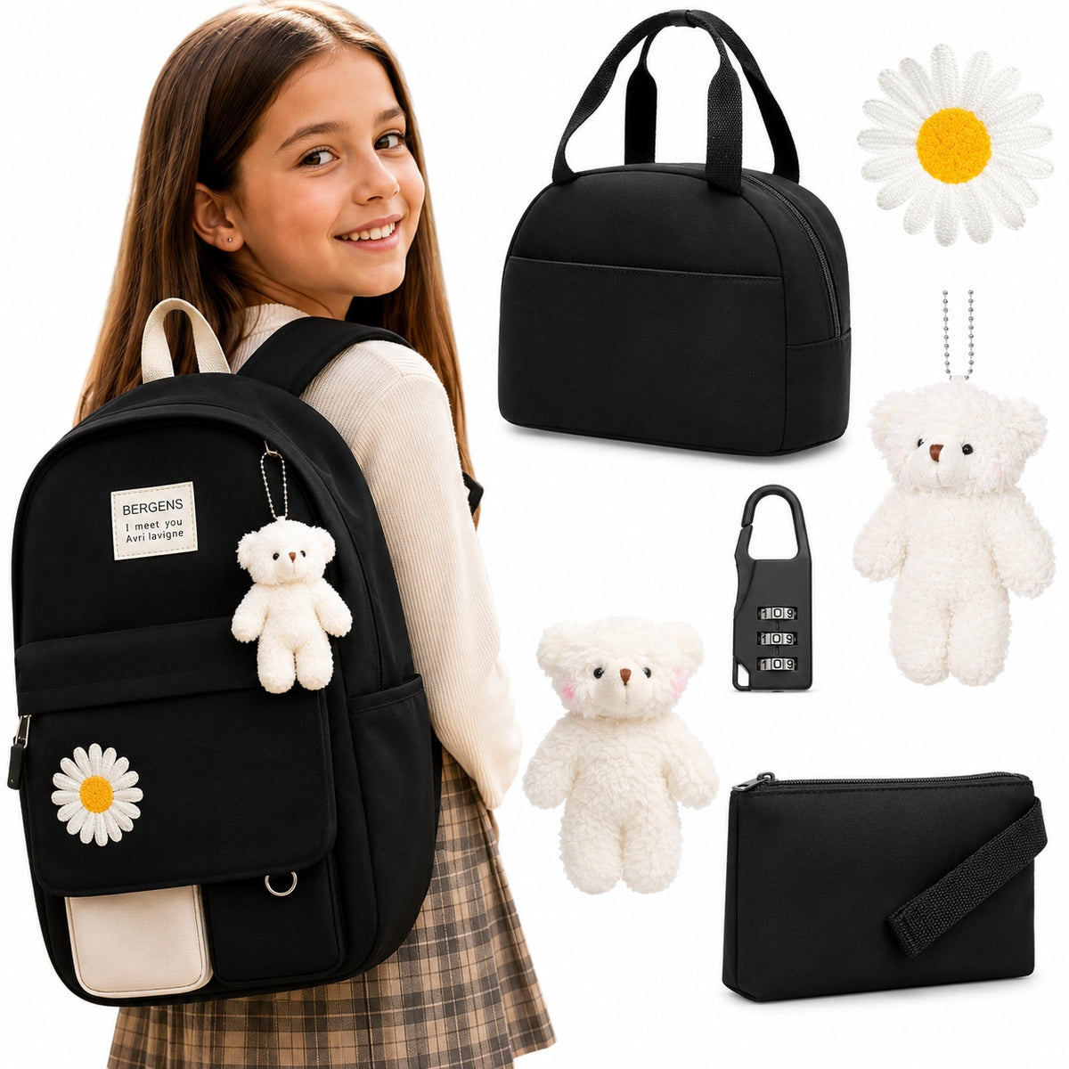 SCHOOL BACKPACK UNISEX SATCHEL FREEBIES PENCIL CASE LUNCHBOX BREAKFAST BLACK