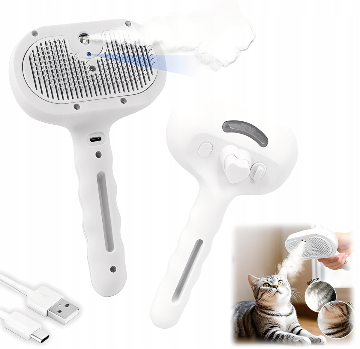 SELF-CLEANING STEAM BRUSH FOR CATS AND DOGS - WHITE