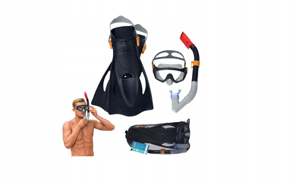 SET MASK AND SNORKEL GLASSES TUBE FIN