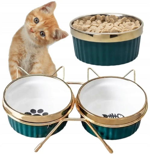 SET OF 2PCS CAT BOWL DOUBLE CERAMIC ON STAND 2x300ml 2982