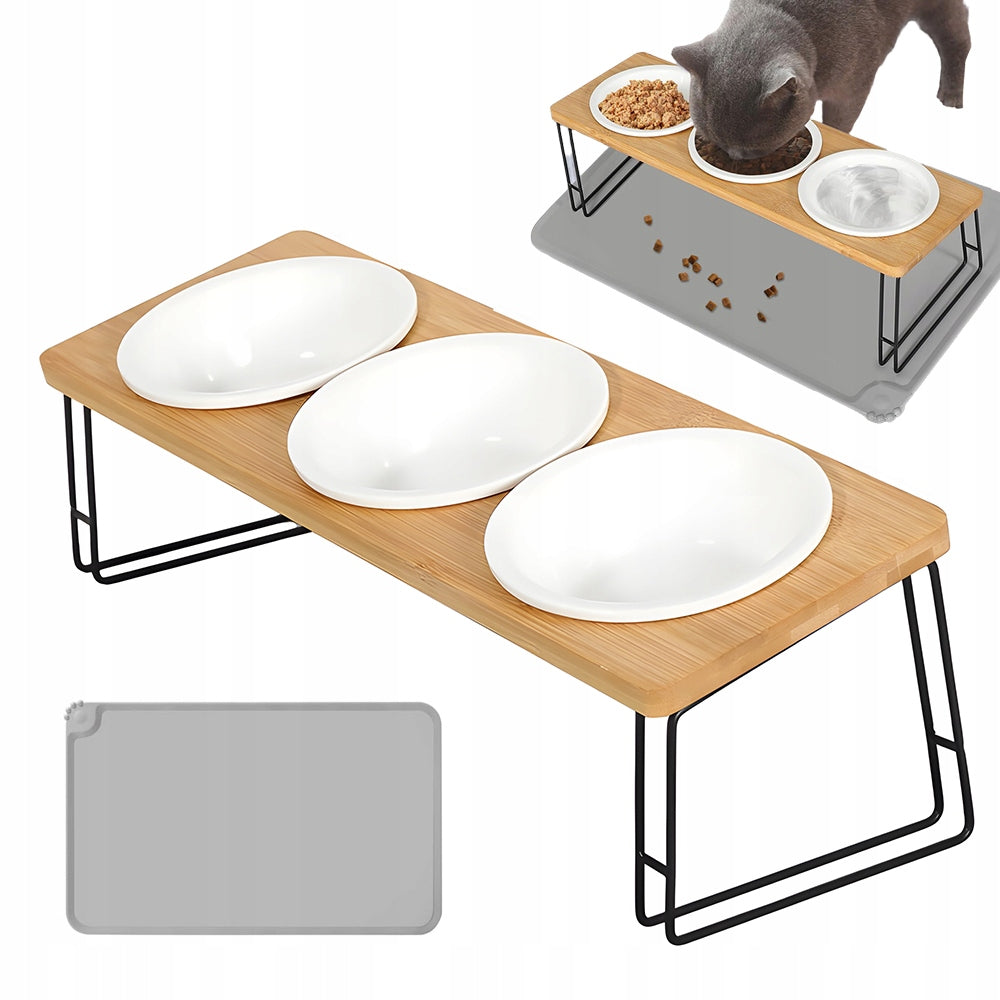 SET OF 3X CERAMIC FEEDING BOWLS BAMBOO RAISED 15° SHELF