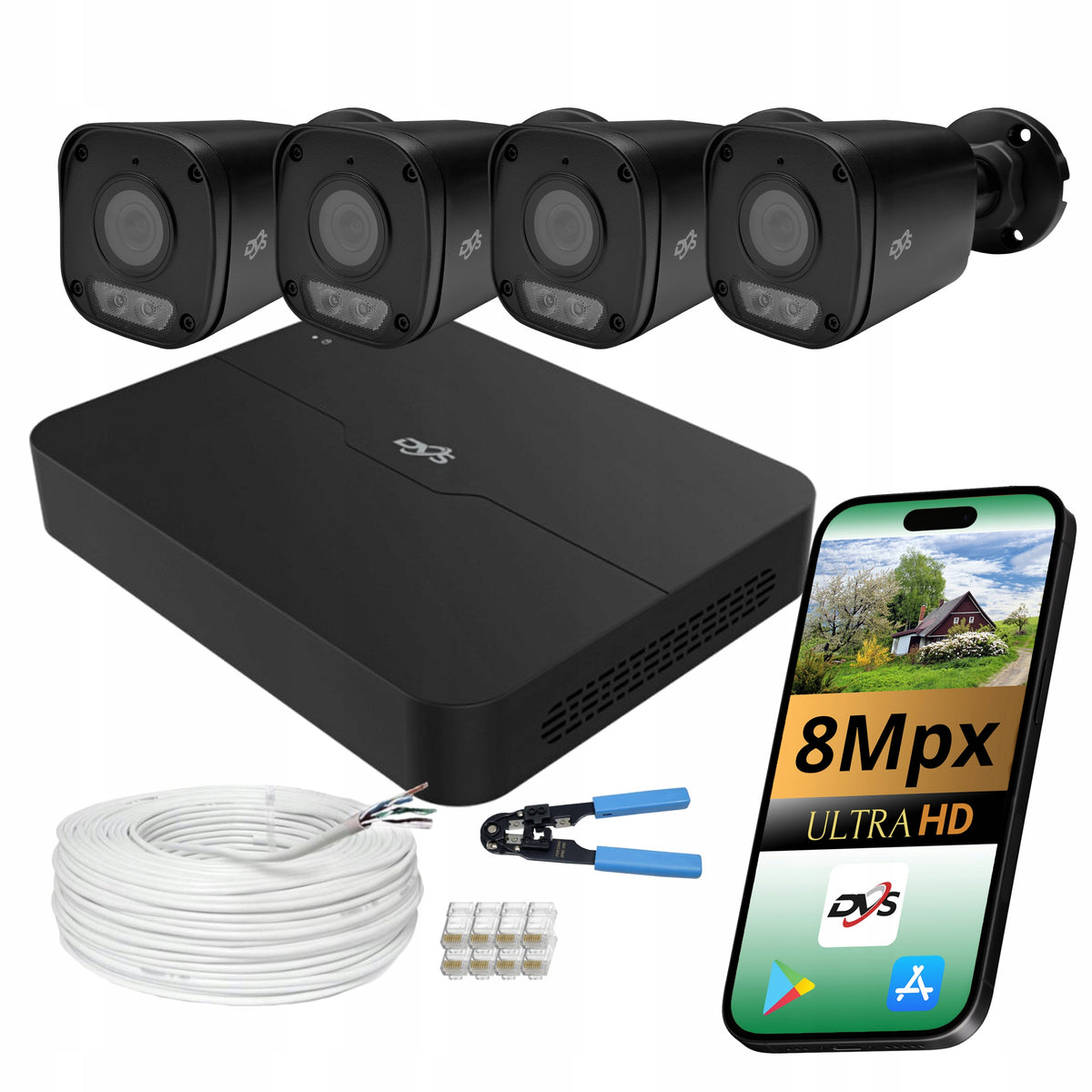 SET OF 4 BLACK CAMERAS FOR MONITORING 8MPX IP POE 4 EXTERNAL CAMERAS