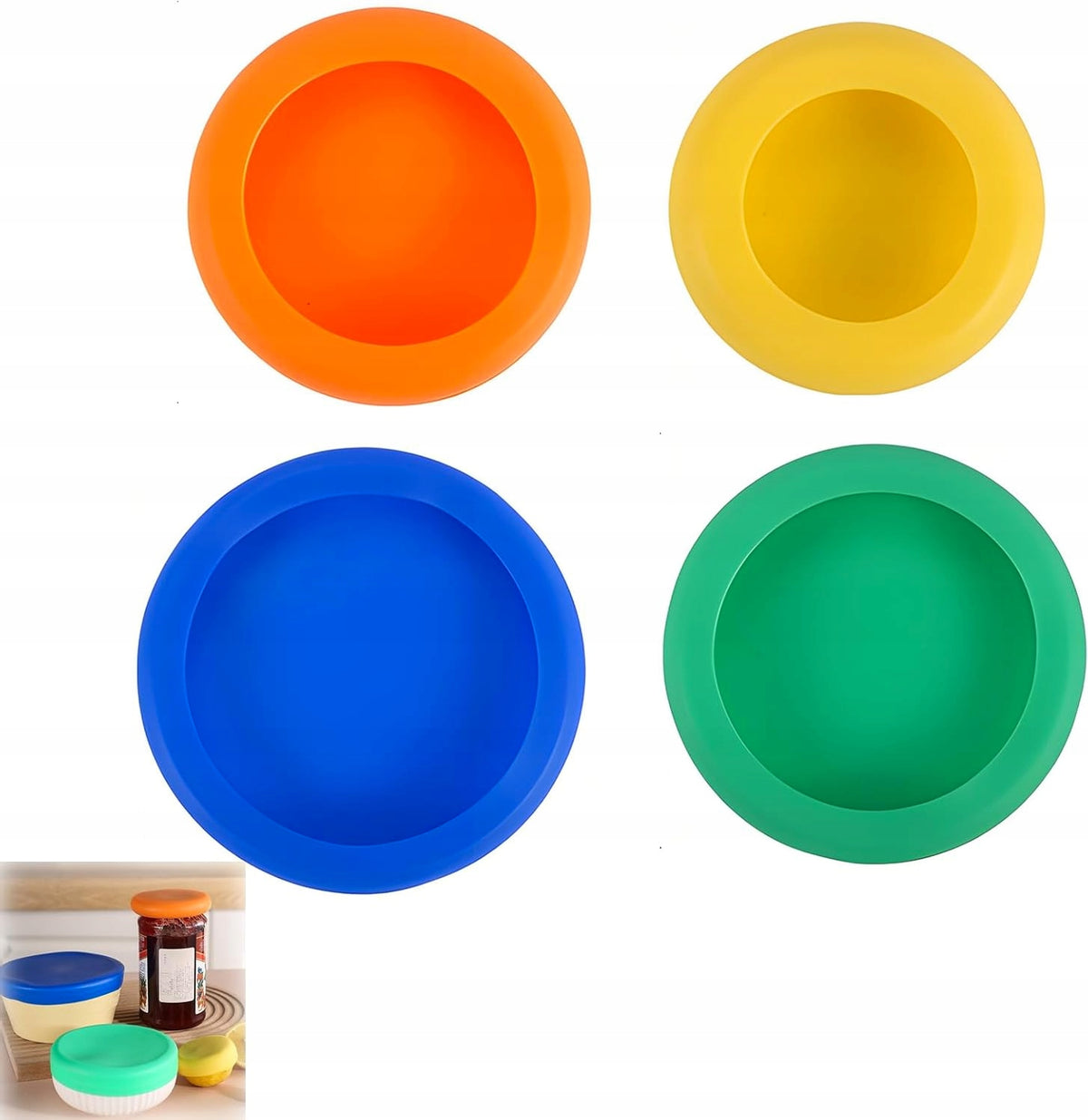 SET OF 4 SILICONE LIDS FOR CANS AND CUPS FLEXIBLE WASHABLE